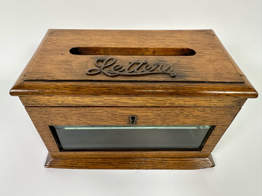 Antique Oak Locking Letters Mailbox Box With Beveled Glass Window (No Skeleton Key) 10W X 6D X 5.75H [Photo 4]