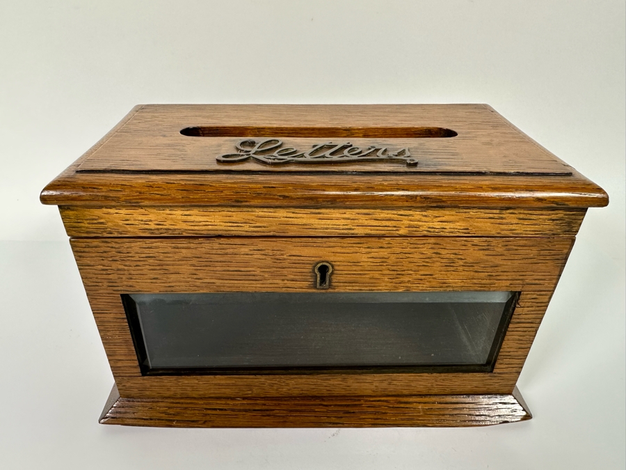 Antique Oak Locking Letters Mailbox Box With Beveled Glass Window (No Skeleton Key) 10W X 6D X 5.75H [Photo 3]