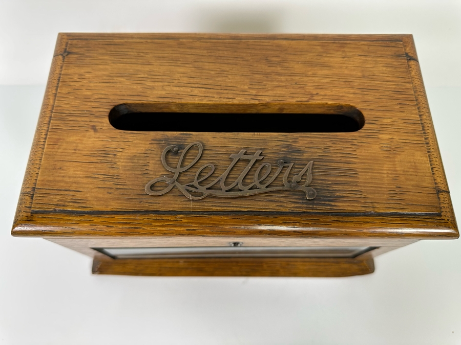 Antique Oak Locking Letters Mailbox Box With Beveled Glass Window (No Skeleton Key) 10W X 6D X 5.75H [Photo 6]