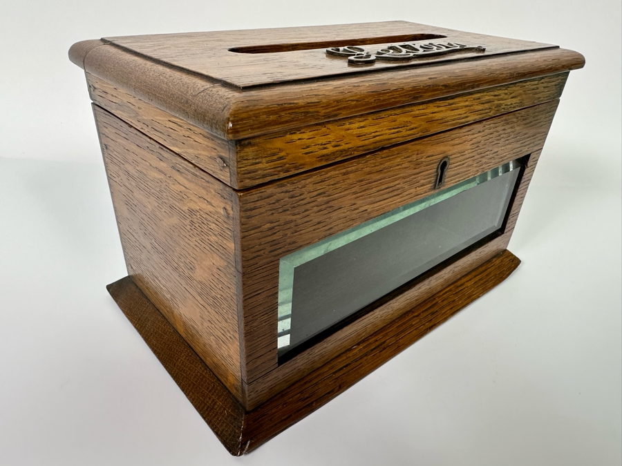 Antique Oak Locking Letters Mailbox Box With Beveled Glass Window (No Skeleton Key) 10W X 6D X 5.75H [Photo 7]