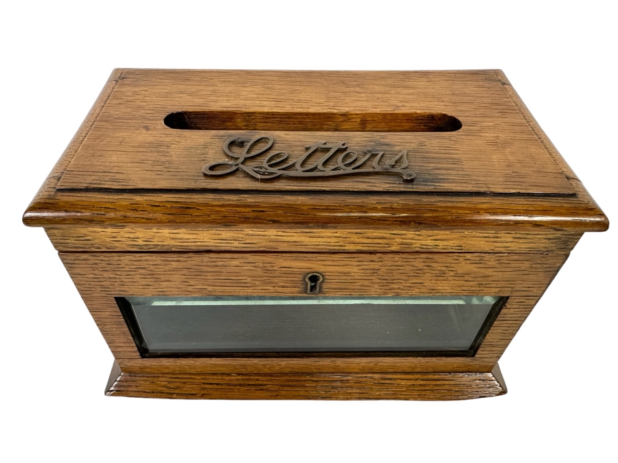 Antique Oak Locking Letters Mailbox Box With Beveled Glass Window (No Skeleton Key) 10W X 6D X 5.75H [Photo 2]