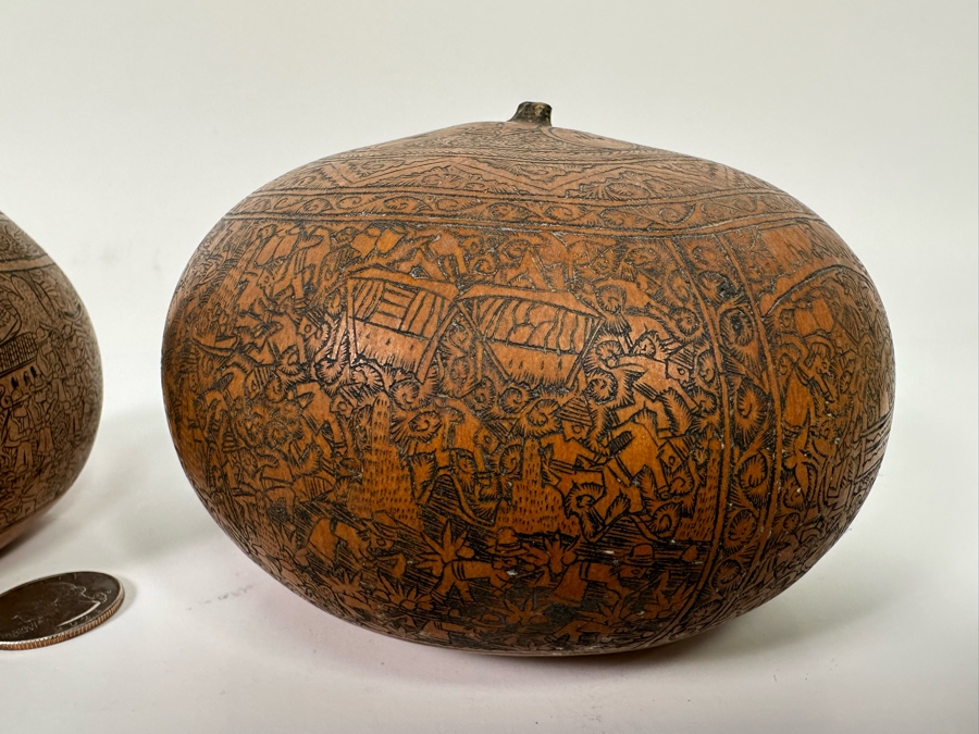 Pair Of Intricately Hand Carved Peruvian Gourds 3.5H and 4.25H [Photo 7]