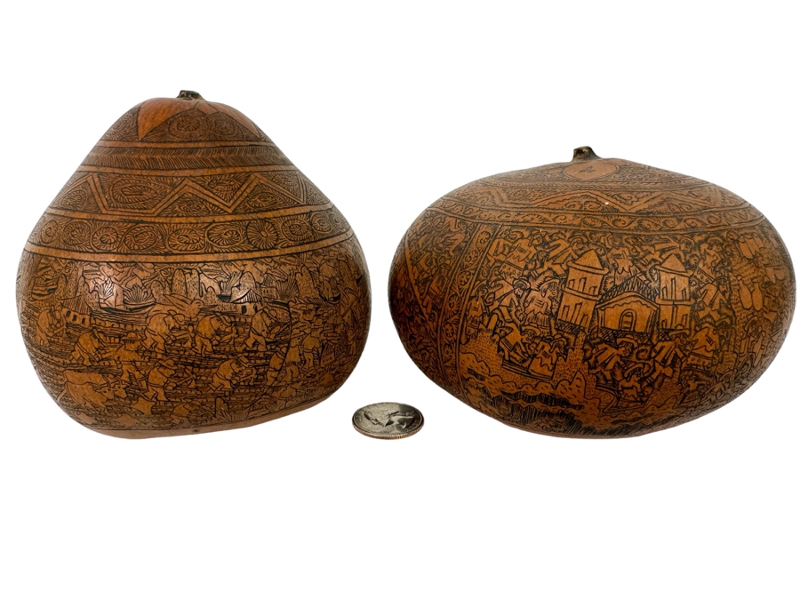 Pair Of Intricately Hand Carved Peruvian Gourds 3.5H and 4.25H [Photo 1]