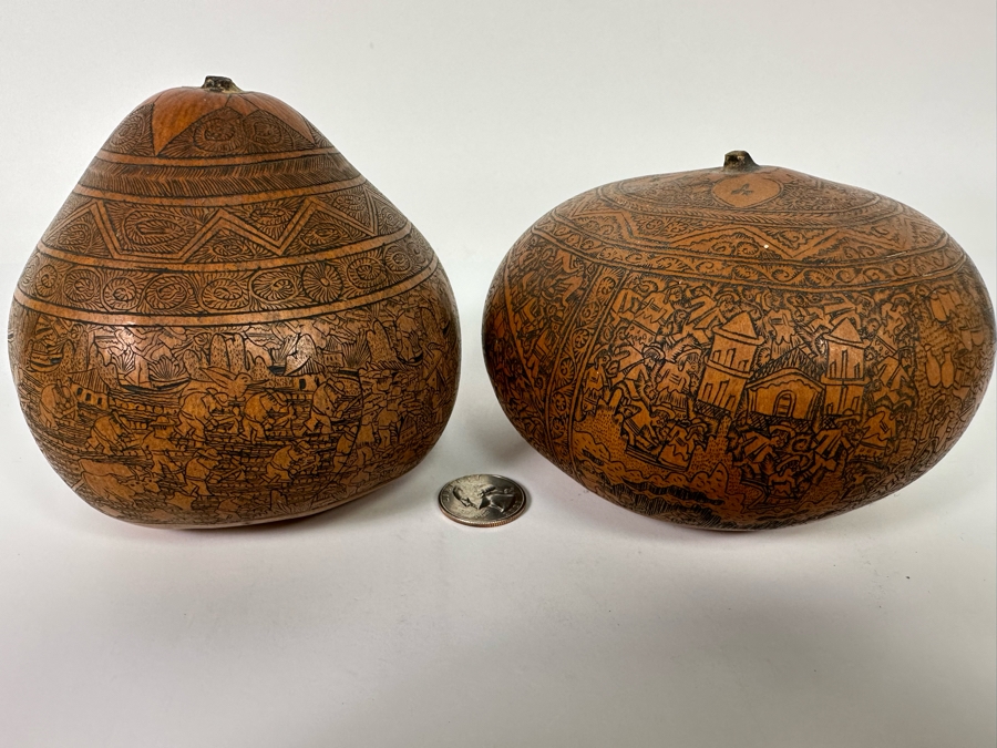 Pair Of Intricately Hand Carved Peruvian Gourds 3.5H and 4.25H [Photo 3]