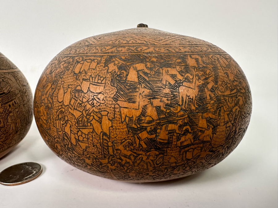 Pair Of Intricately Hand Carved Peruvian Gourds 3.5H and 4.25H [Photo 6]