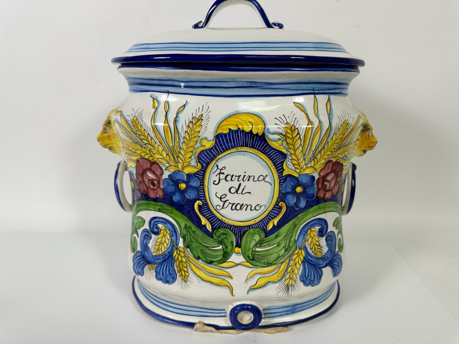 Large Hand Painted Italian Mojolica Oval Canister With Lid Dervta For Artistica 14W X 8.5D X 16H Retails $376 [Photo 3]