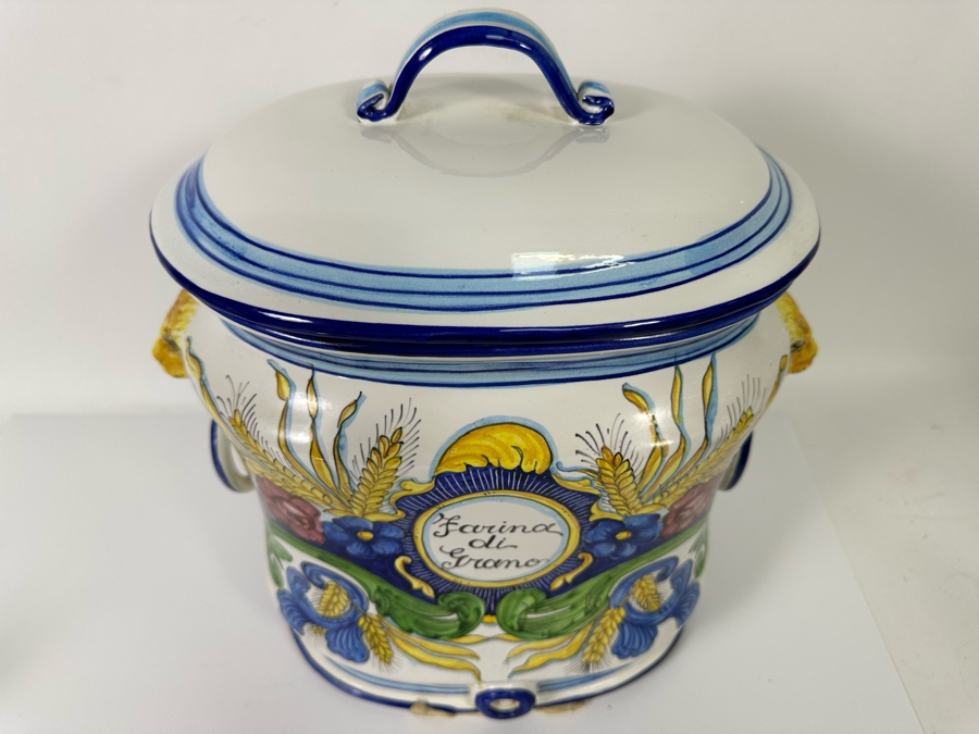 Large Hand Painted Italian Mojolica Oval Canister With Lid Dervta For Artistica 14W X 8.5D X 16H Retails $376 [Photo 6]
