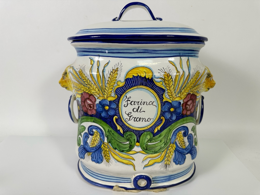 Large Hand Painted Italian Mojolica Oval Canister With Lid Dervta For Artistica 14W X 8.5D X 16H Retails $376 [Photo 2]