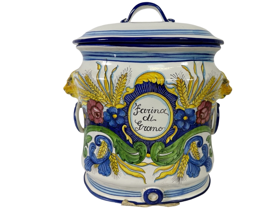 Large Hand Painted Italian Mojolica Oval Canister With Lid Dervta For Artistica 14W X 8.5D X 16H Retails $376 [Photo 1]