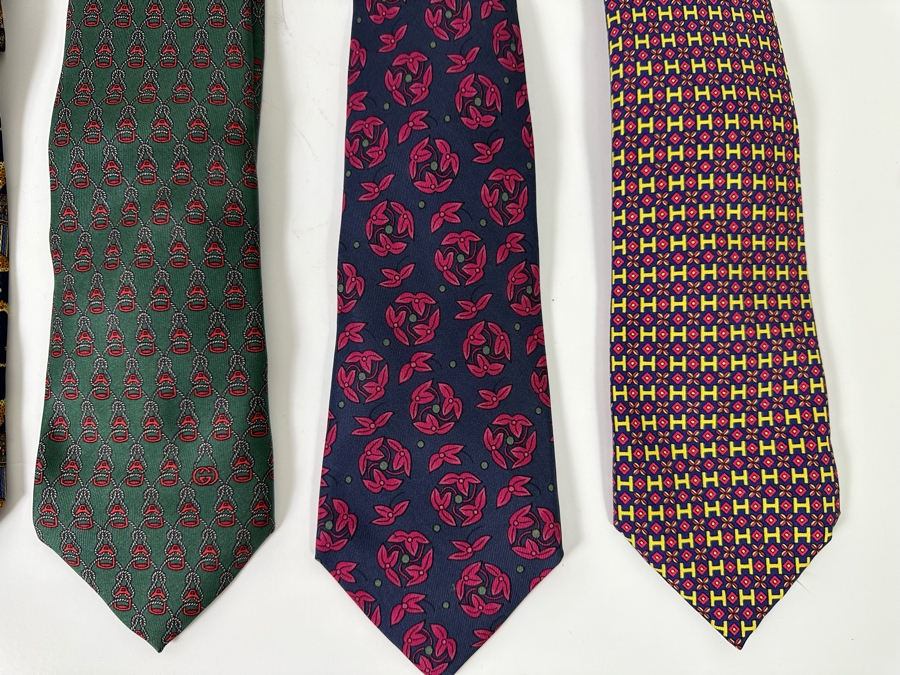 Five Silk Scarves: Hermes (Far Right), Hermes, Gucci, Salvatore Ferragamo, Christian Dior (Far Left) [Photo 4]