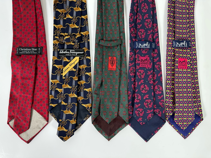 Five Silk Scarves: Hermes (Far Right), Hermes, Gucci, Salvatore Ferragamo, Christian Dior (Far Left) [Photo 7]