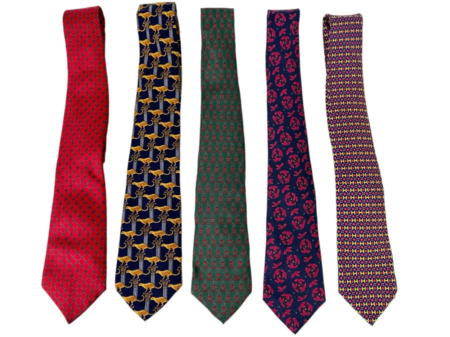 Five Silk Scarves: Hermes (Far Right), Hermes, Gucci, Salvatore Ferragamo, Christian Dior (Far Left) [Photo 1]