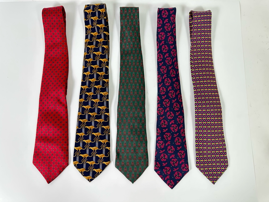 Five Silk Scarves: Hermes (Far Right), Hermes, Gucci, Salvatore Ferragamo, Christian Dior (Far Left) [Photo 3]