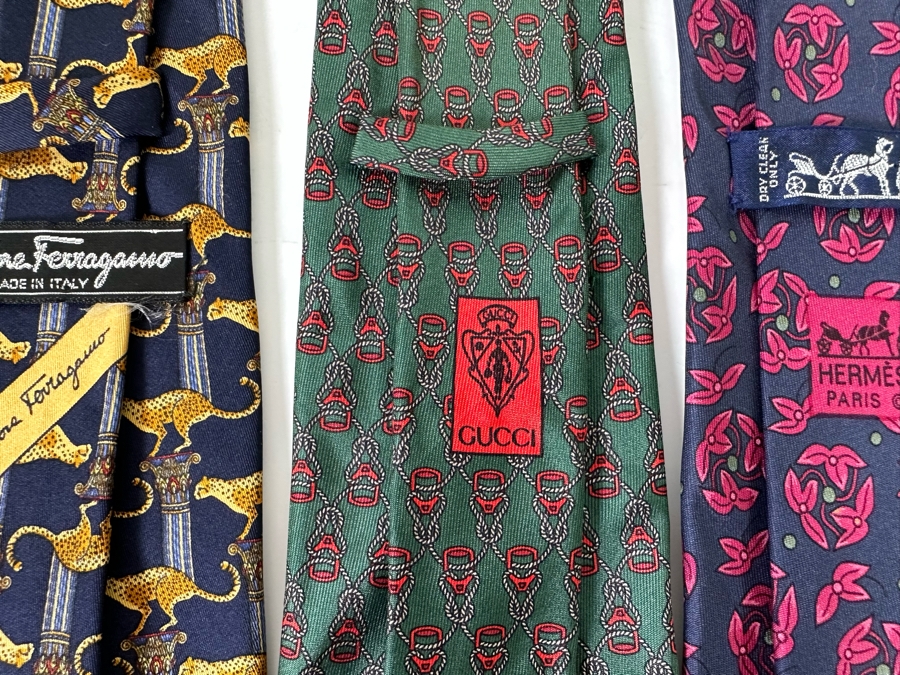 Five Silk Scarves: Hermes (Far Right), Hermes, Gucci, Salvatore Ferragamo, Christian Dior (Far Left) [Photo 9]