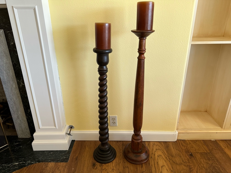 Pair Of Wooden Freestanding Candleholders 36H And 40H [Photo 1]