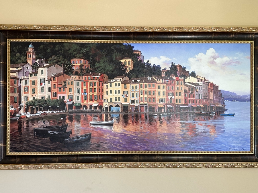 Maher Morcos Large Hand Signed Limited Edition Giclee Artwork Portofino Italy Signed And Numbered 10 Of 200 On Verso Canvas 70 X 32 Framed 78 X 41.5