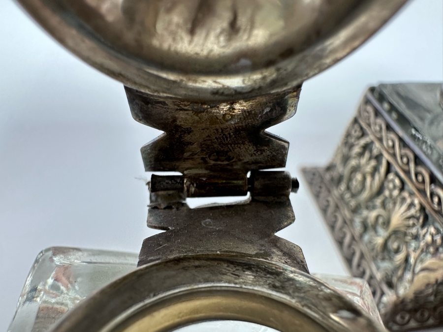 Sterling Silver Overlay Inkwell (Hinge Needs Repair) On Right And Sterling Top Inkwell On Left [Photo 9]