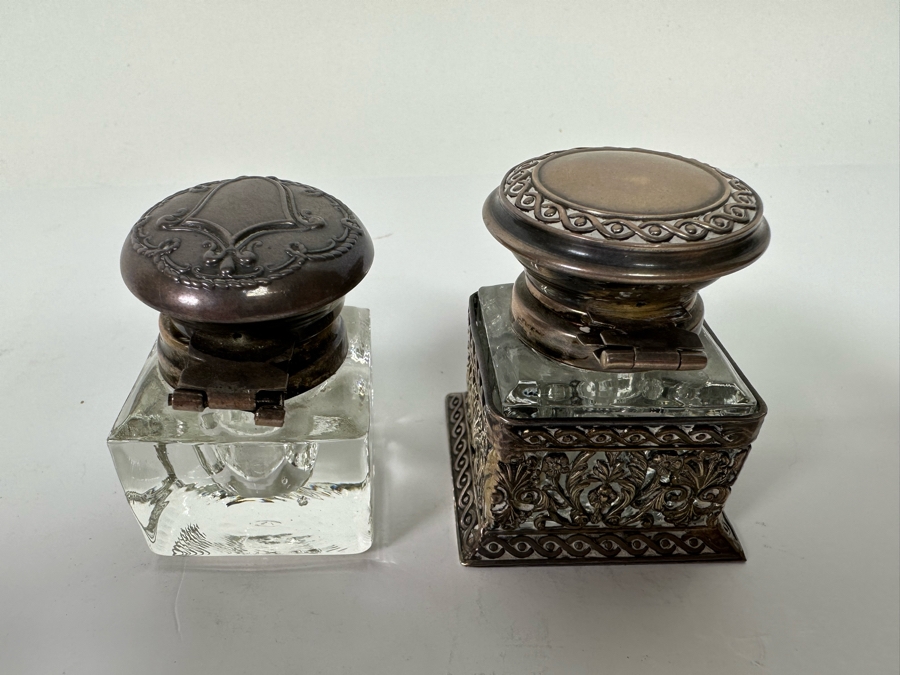 Sterling Silver Overlay Inkwell (Hinge Needs Repair) On Right And Sterling Top Inkwell On Left [Photo 6]