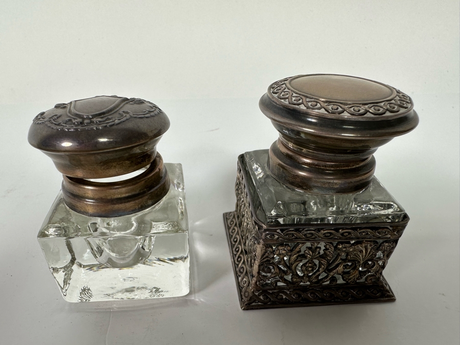 Sterling Silver Overlay Inkwell (Hinge Needs Repair) On Right And Sterling Top Inkwell On Left [Photo 3]