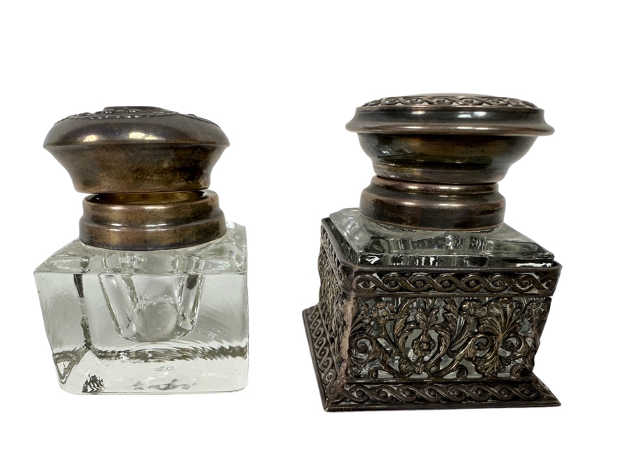 Sterling Silver Overlay Inkwell (Hinge Needs Repair) On Right And Sterling Top Inkwell On Left