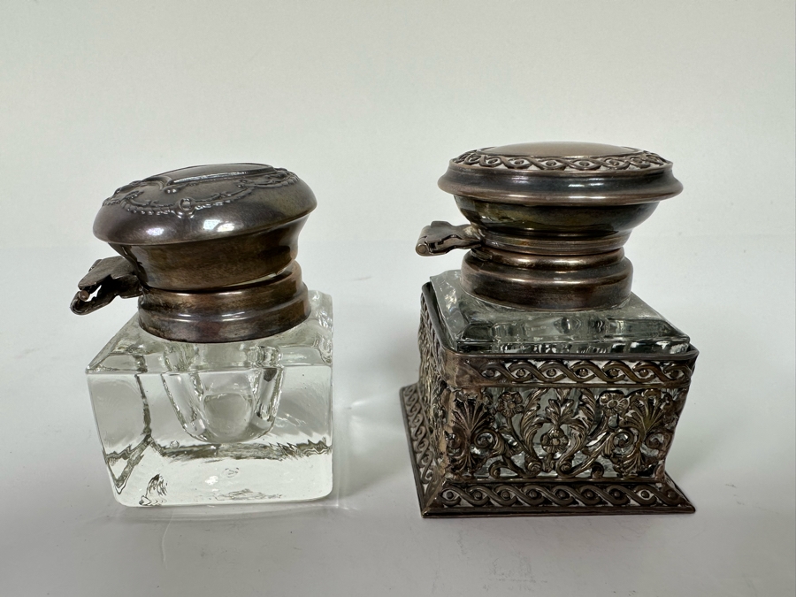 Sterling Silver Overlay Inkwell (Hinge Needs Repair) On Right And Sterling Top Inkwell On Left [Photo 5]