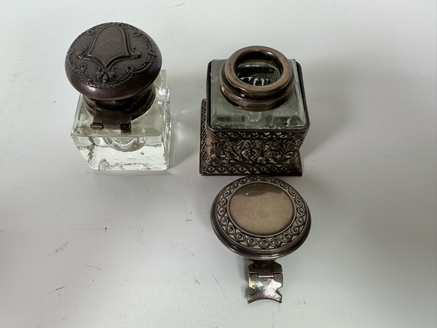 Sterling Silver Overlay Inkwell (Hinge Needs Repair) On Right And Sterling Top Inkwell On Left [Photo 7]