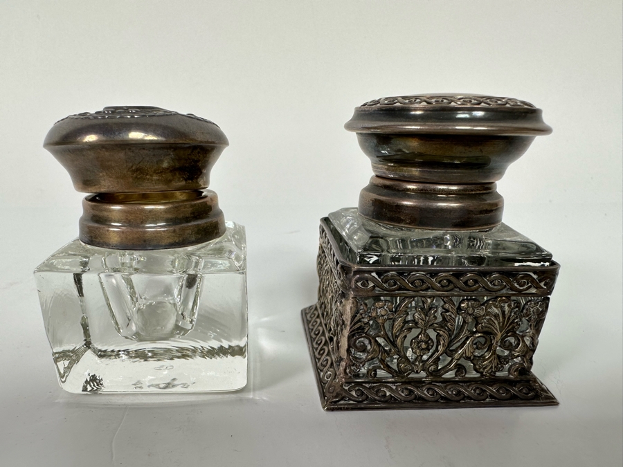 Sterling Silver Overlay Inkwell (Hinge Needs Repair) On Right And Sterling Top Inkwell On Left [Photo 2]