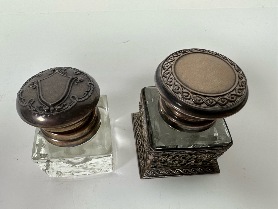 Sterling Silver Overlay Inkwell (Hinge Needs Repair) On Right And Sterling Top Inkwell On Left [Photo 4]