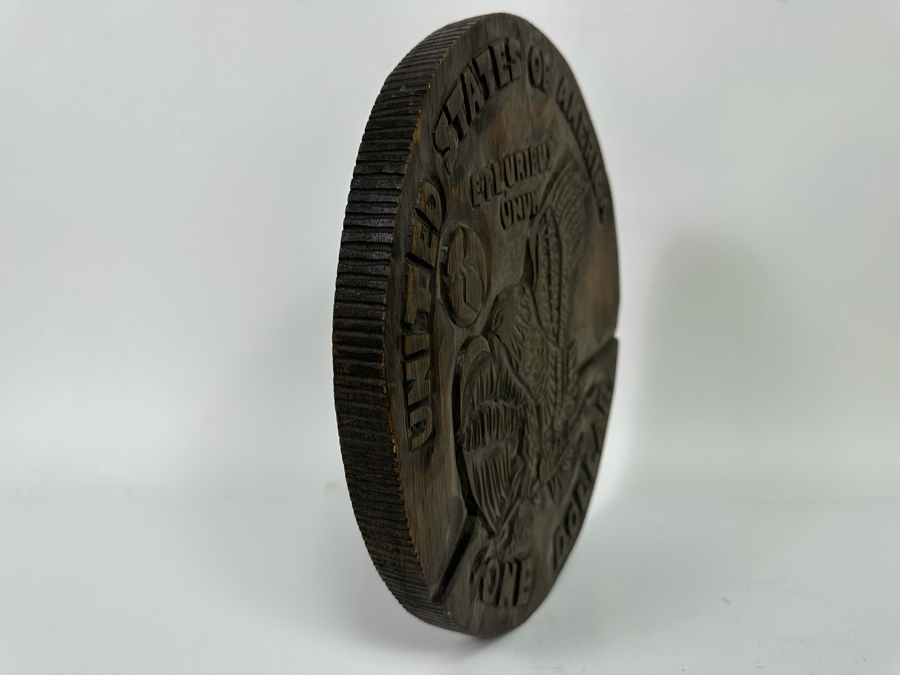 Signed Relief Carved Wooden Silver Dollar Wall Plaque 11R X .75D [Photo 7]