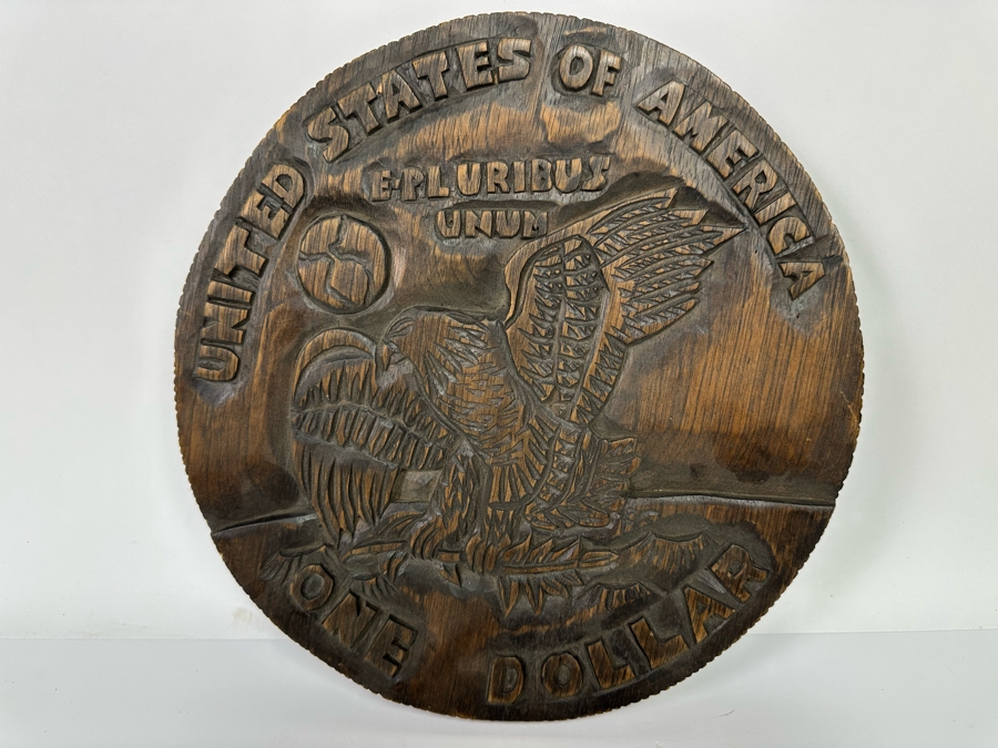 Signed Relief Carved Wooden Silver Dollar Wall Plaque 11R X .75D [Photo 2]