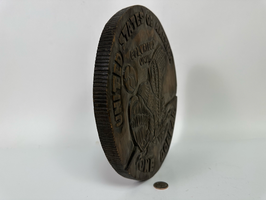 Signed Relief Carved Wooden Silver Dollar Wall Plaque 11R X .75D [Photo 8]