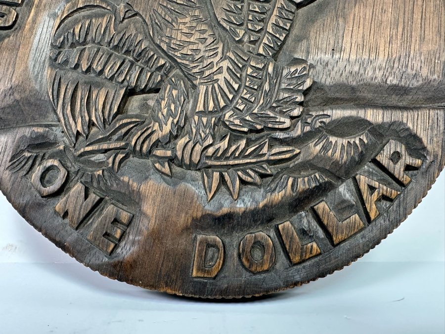Signed Relief Carved Wooden Silver Dollar Wall Plaque 11R X .75D [Photo 4]