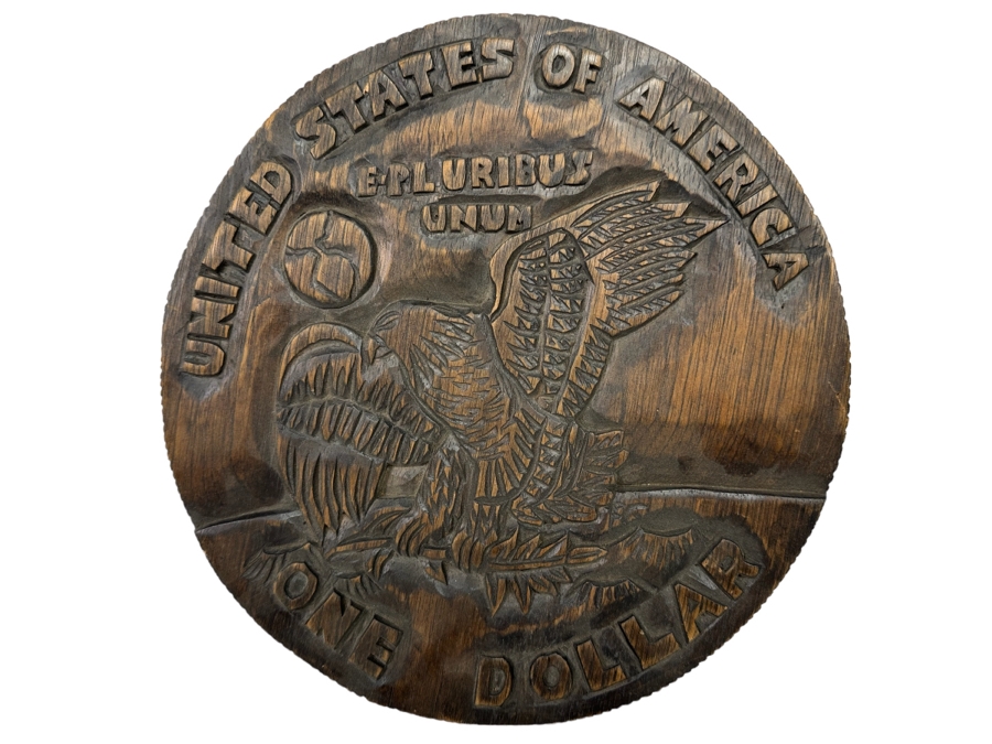 Signed Relief Carved Wooden Silver Dollar Wall Plaque 11R X .75D