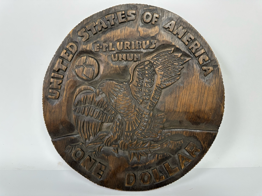 Signed Relief Carved Wooden Silver Dollar Wall Plaque 11R X .75D [Photo 3]