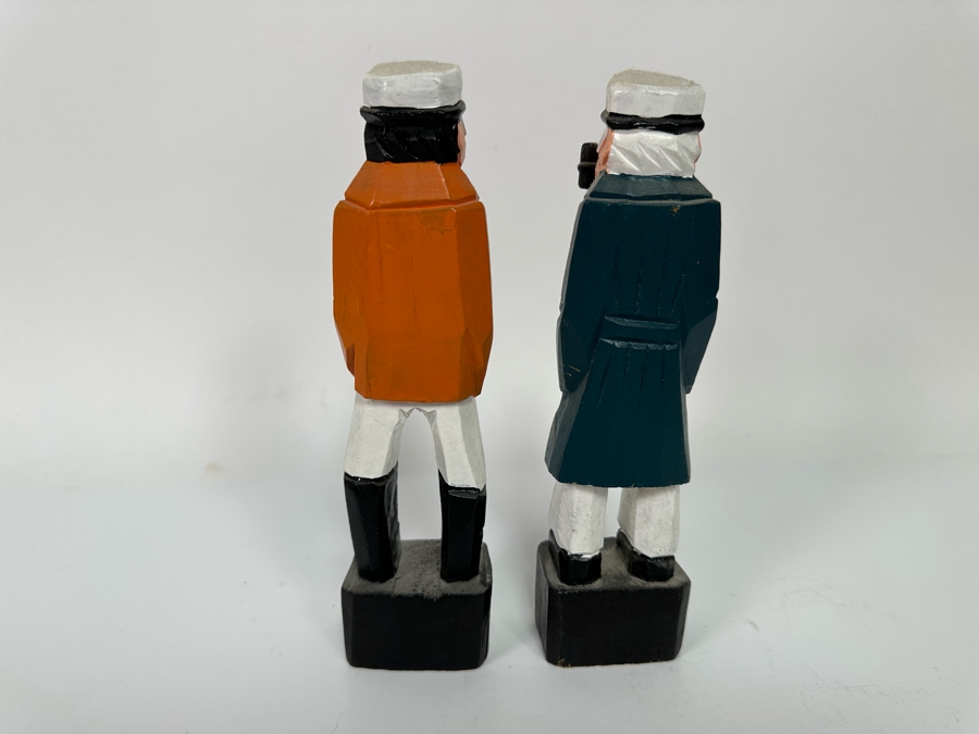 Pair Of Hand Carved Wooden Polychrome Nautical Fishermen Figurines 7.5H [Photo 4]