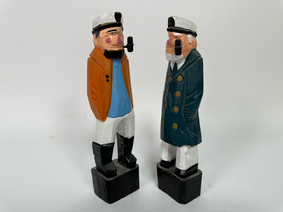 Pair Of Hand Carved Wooden Polychrome Nautical Fishermen Figurines 7.5H [Photo 3]