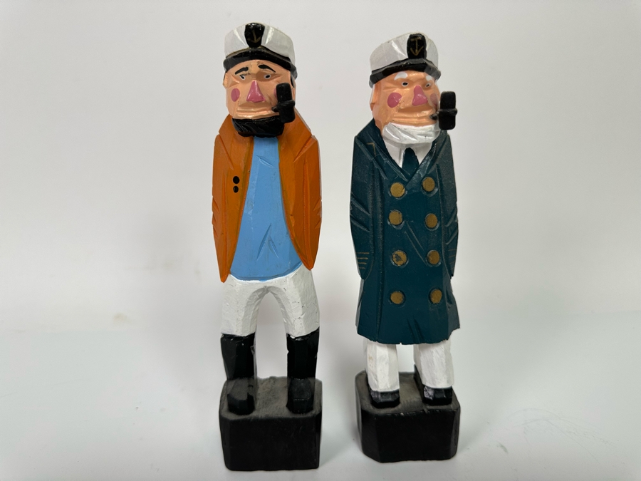 Pair Of Hand Carved Wooden Polychrome Nautical Fishermen Figurines 7.5H [Photo 2]