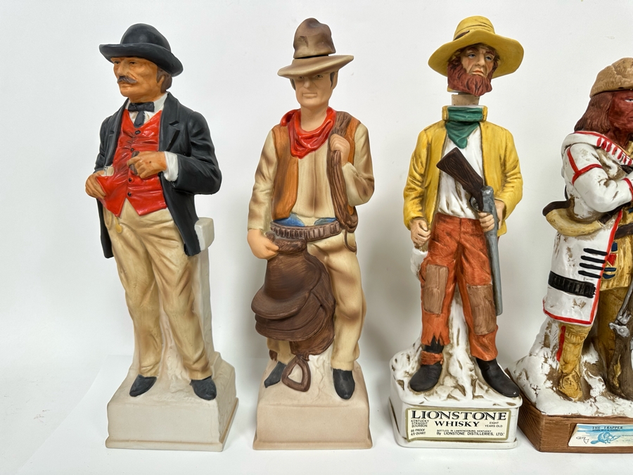 Five Porcelain Whiskey Decanters: Far Right Two Designed By C. M. Russell, Three On Left Lionstone Sculptured Porcelain 1969  Whisky 13.5H [Photo 7]