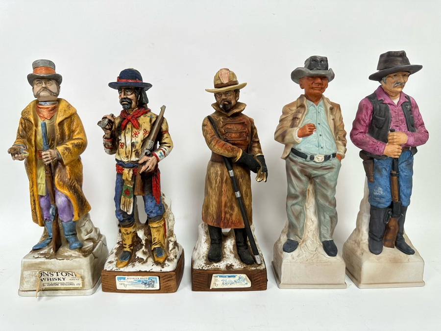 Five Porcelain Whiskey Decanters: Second And Third From Left Designed By C. M. Russell, Others Lionstone And Bitteroot Sculptured Porcelain 1969 Whisky 13.5H [Photo 3]