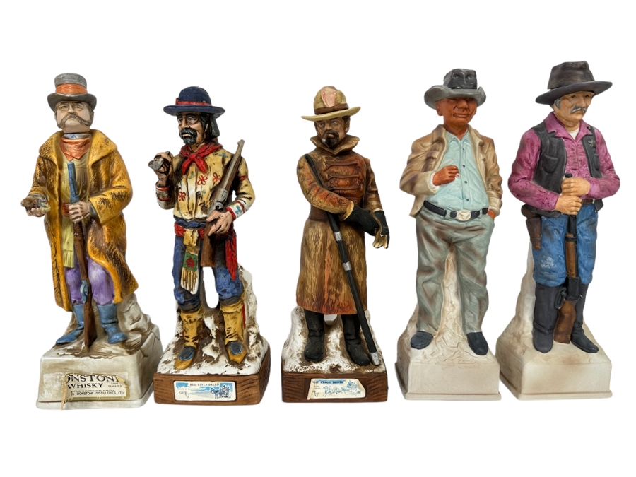 Five Porcelain Whiskey Decanters: Second And Third From Left Designed By C. M. Russell, Others Lionstone And Bitteroot Sculptured Porcelain 1969 Whisky 13.5H [Photo 1]