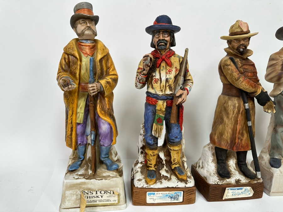 Five Porcelain Whiskey Decanters: Second And Third From Left Designed By C. M. Russell, Others Lionstone And Bitteroot Sculptured Porcelain 1969 Whisky 13.5H [Photo 4]