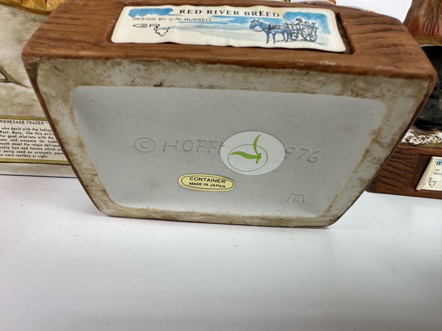 Five Porcelain Whiskey Decanters: Second And Third From Left Designed By C. M. Russell, Others Lionstone And Bitteroot Sculptured Porcelain 1969 Whisky 13.5H [Photo 10]