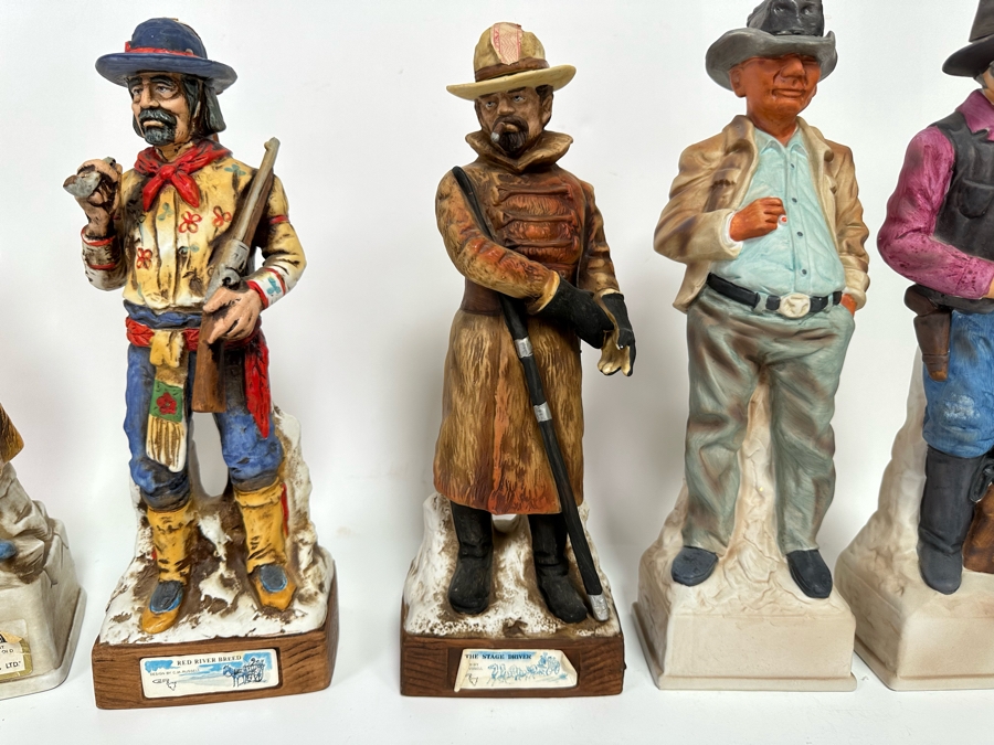 Five Porcelain Whiskey Decanters: Second And Third From Left Designed By C. M. Russell, Others Lionstone And Bitteroot Sculptured Porcelain 1969 Whisky 13.5H [Photo 12]