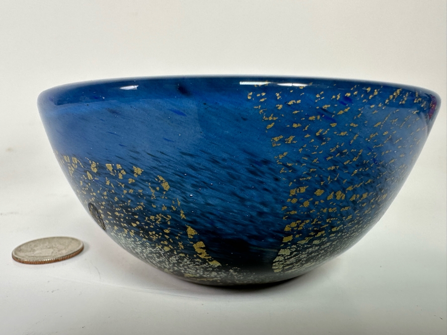 Signed Blue With Gold Flakes Art Glass Bowl 4.5W X 2H [Photo 5]
