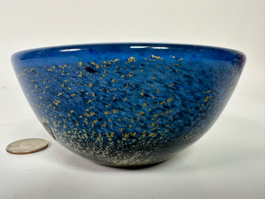 Signed Blue With Gold Flakes Art Glass Bowl 4.5W X 2H [Photo 2]