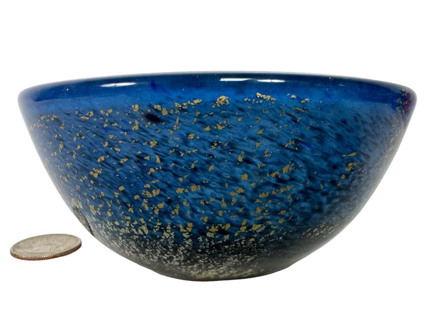Signed Blue With Gold Flakes Art Glass Bowl 4.5W X 2H [Photo 1]