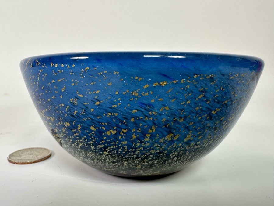 Signed Blue With Gold Flakes Art Glass Bowl 4.5W X 2H [Photo 4]