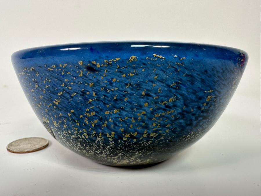 Signed Blue With Gold Flakes Art Glass Bowl 4.5W X 2H [Photo 3]