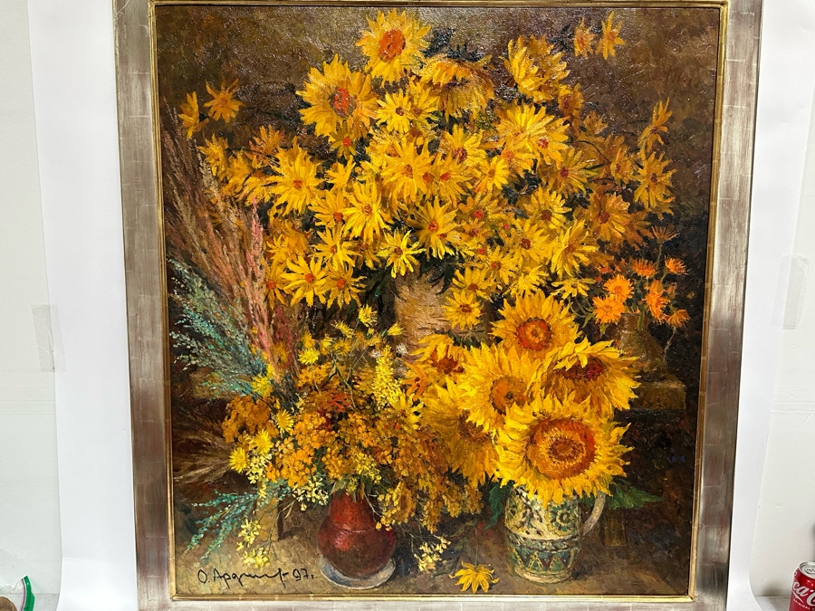 Oleg Ardimasov (B. 1936, Russian) Stunning Original Still Life Painting With Sunflowers And Other Blooms On Canvas Titled, Signed And Dated 1997 On Verso Provenance From Paul Hawkins Gallery In London, England 37W X 41H Framed 42.5W X 46H [Photo 14]