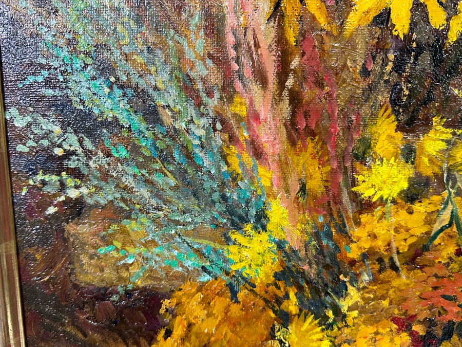 Oleg Ardimasov (B. 1936, Russian) Stunning Original Still Life Painting With Sunflowers And Other Blooms On Canvas Titled, Signed And Dated 1997 On Verso Provenance From Paul Hawkins Gallery In London, England 37W X 41H Framed 42.5W X 46H [Photo 9]